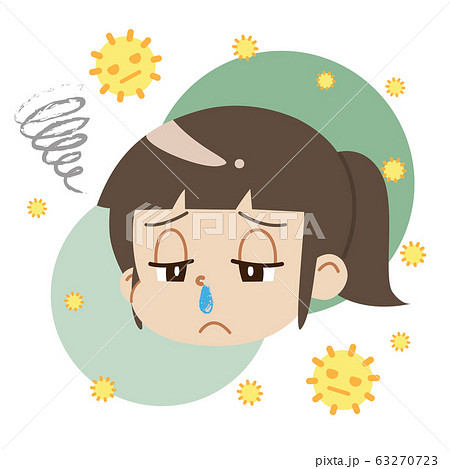 花粉症で鼻水が出ている女の子と花粉 主線なし のイラスト素材