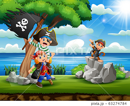 Cartoon pirates children looking for treasure on riverbank Cartoon pirates children looking for treasure on riverbank 63274784