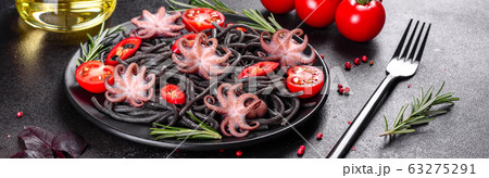 Black seafood pasta with shrimp and octopus Black seafood pasta with shrimp and octopus 63275291