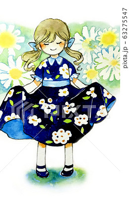 花柄のワンピースを着た女の子 背景付きのイラスト素材