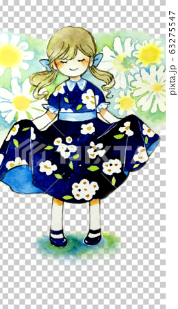花柄のワンピースを着た女の子 背景付きのイラスト素材