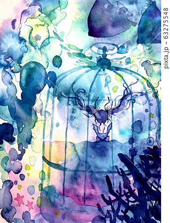 海の中の鳥籠と女の子 水彩画のイラスト素材 63275548 Pixta