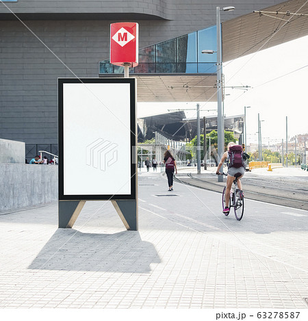 Mock up Banner Blank Poster stand Media Advertisement outdoor Street city people walking 63278587