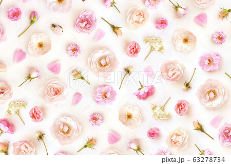 Summer blossoming roses and blooming flowers festive background, light pastel bouquet floral card, toned 63278734