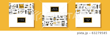 Set of vector card templates for camping, tourism, travel design. Traditional hiking symbols. Backpack, boots, compass, map, storm lamp. Modern handwritten lettering. Time for adventures 63279585