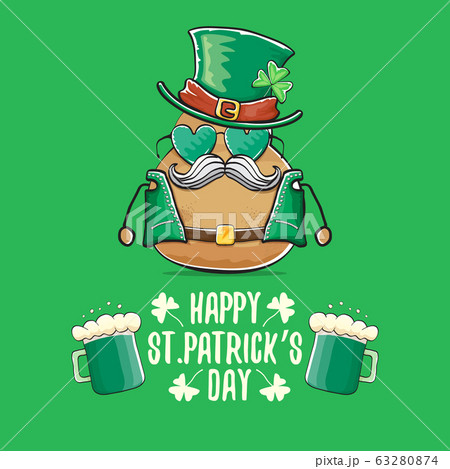Happy saint patricks day greeting card with funky leprechaun rock star potato character with green particks hat and beer isolated on green background. Rock n roll hipster vegetable funky character Happy saint patricks day greeting card with funky leprechaun rock star potato character with green particks hat and beer isolated on green background. Rock n roll hipster vegetable funky character 63280874