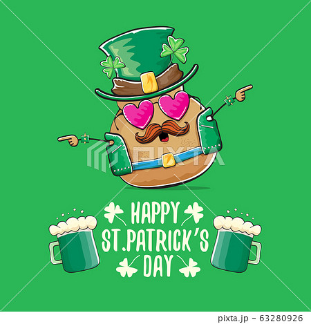 Happy saint patricks day greeting card with funky leprechaun rock star potato character with green particks hat and beer isolated on green background. Rock n roll hipster vegetable funky character 63280926