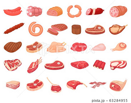 Cartoon meat products. Chicken, sausages and sausages. Steaks, pork bacon and ribs vector set 63284955
