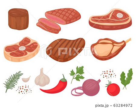 Cartoon beef steaks. Grilled steak, beef meats and filet mignon. Pepper and spices, garlic, onion and tomatoes vector illustration set 63284972