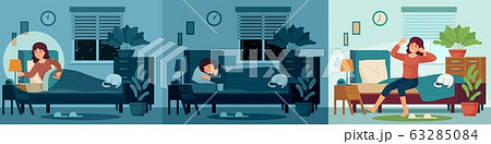 Woman sleep in home bed room. Happy female character sleeping in bed at night and wake up morning. Healthy sleep vector illustration 63285084