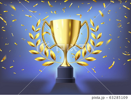 Realistic golden cup. Winners trophy celebration with flying confetti, glossy gold cup and sports prize with laurel wreath 3d vector illustration 63285109