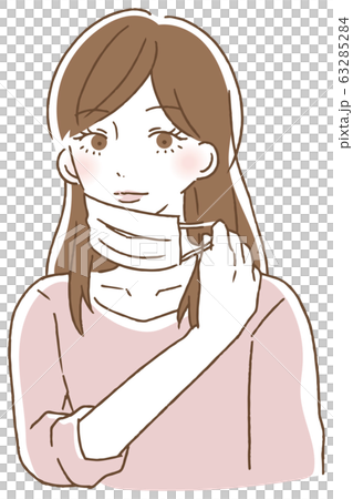 Woman holding a mask string and removing Woman holding a mask string and removing 63285284