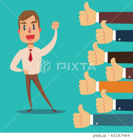 Happy and proud businessman with many thumbs up hands around him. Happy and proud businessman with many thumbs up hands around him. 63287464