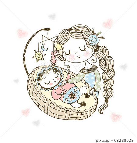 Mom Puts The Baby To Sleep In The Cradle Vectorのイラスト素材