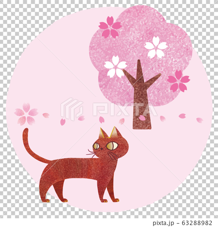 ネコと桜の木 背景ピンク丸のイラスト素材 63288982 Pixta