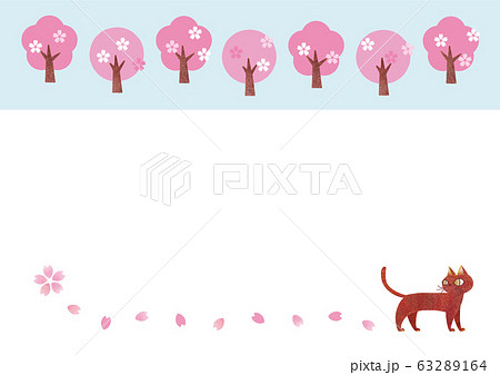 桜並木とネコ フレーム 背景水色と白のイラスト素材