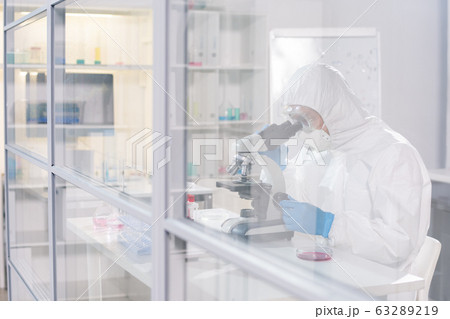 Lab worker in protective workwear studying viruses and antidotes in lab 63289219
