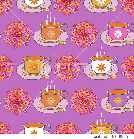 Festive Tea Cups- Garden Tea Party seamless repeat pattern. Festive tea cups and lantana flowers pattern background. Surface pattern design in purple,pink,yellow,orange and white. Perfect for Fabric,  63289259