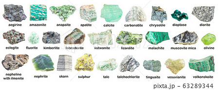 set of various green rough minerals with names set of various green rough minerals with names 63289344