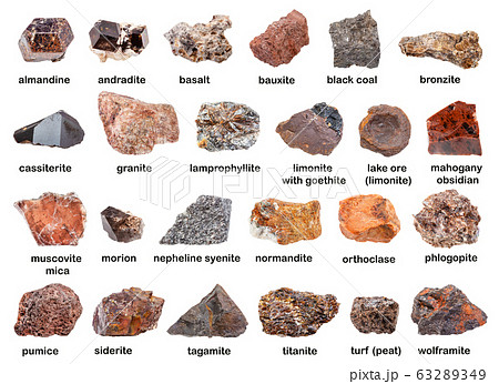 set of various brown unpolished rocks with names set of various brown unpolished rocks with names 63289349