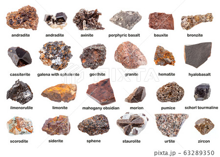 set of various brown unpolished minerals with name set of various brown unpolished minerals with name 63289350