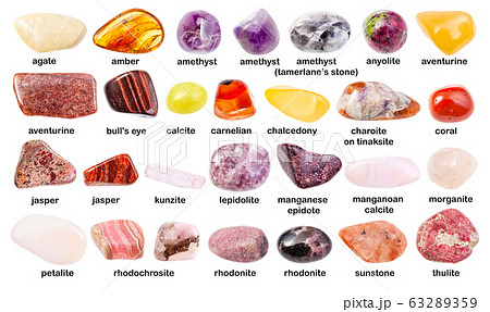 set of various gemstones with names isolated 63289359