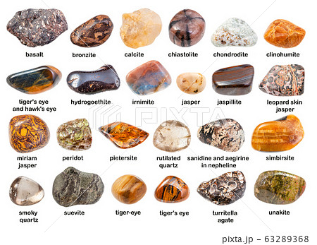 set of various brown gemstones with names isolated 63289368