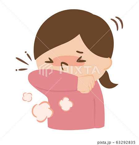 飛沫予防に腕でかばって咳をする女性のイラスト。 飛沫予防に腕でかばって咳をする女性のイラスト。 63292835