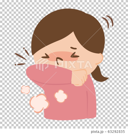 飛沫予防に腕でかばって咳をする女性のイラスト。 飛沫予防に腕でかばって咳をする女性のイラスト。 63292835