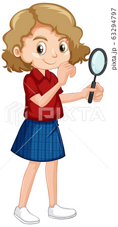 Girl in red shirt holding magnifying glass on Girl in red shirt holding magnifying glass on 63294797