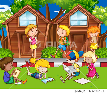 Scene with many children reading and playing in 63296424