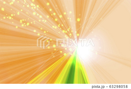 オレンジから黄色緑の綺麗なグラデーションの色合いの放射状の線と白い光と黄色のキラキラの背景のイラスト素材