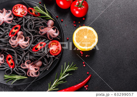 Black seafood pasta with shrimp and octopus Black seafood pasta with shrimp and octopus 63299057