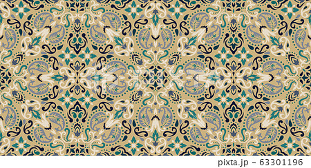 Rectangular seamless Bandana Print vector design for rug, carpet, tapis, shawl, towel, textile, yoga mat. Neck scarf or kerchief pattern design. Traditional ornamental ethnic pattern with paisley. 63301196