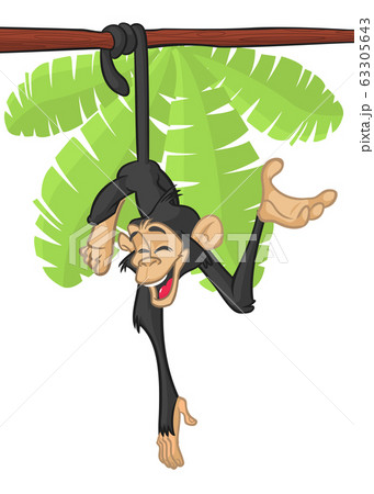 Cute Cartoon Monkey Chimpanzee Hanging  On Wood Branch 63305643