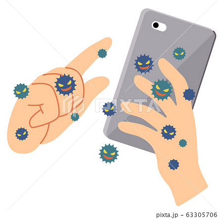 ばい菌のついた手でスマホにさわるのイラスト素材 ばい菌のついた手でスマホにさわるのイラスト素材