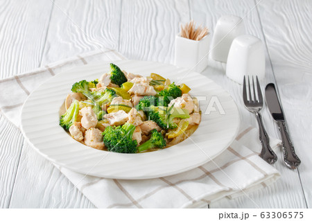 Chicken meat with green vegetables on white plate 63306575