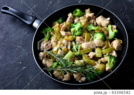 Low-fat dinner chicken meat with green vegetables 63306582