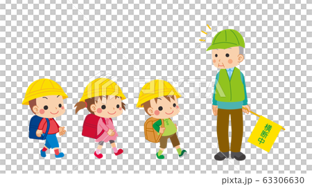 A green uncle who guides traffic and a cute elementary school student going to school A green uncle who guides traffic and a cute elementary school student going to school 63306630