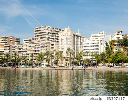 快晴の下のマヨルカの街並み　ヤシの木が立ち並ぶリゾートマンション 63307117