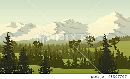 Landscape illustration of green meadow hills with forest and rocky mountains. 63307767
