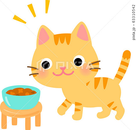トラ猫イラストのキャットフード トラ猫と皿に入ったキャットフード のイラスト素材 [63310542