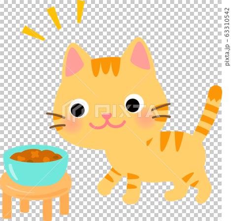 トラ猫イラストのキャットフード トラ猫と皿に入ったキャットフード のイラスト素材 [63310542