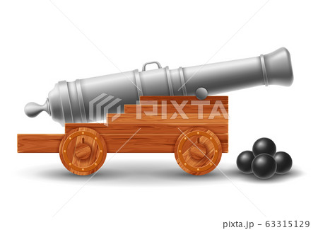 Ancient Ship Cannon With Cannonballs 63315129