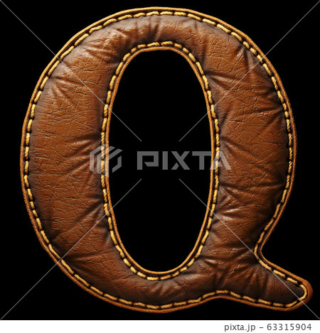 Leather letter Q uppercase. 3D render font with skin texture isolated on black background. 63315904