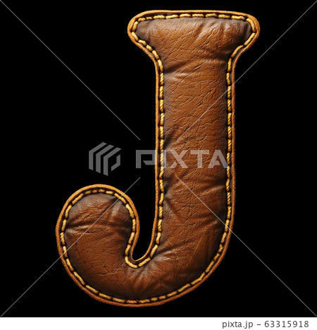 Leather letter J uppercase. 3D render font with skin texture isolated on black background. 63315918