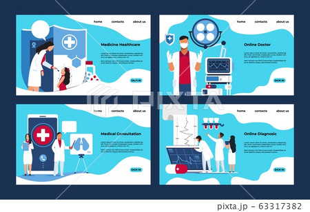 Medical landing page. Pharmacy laboratory diagnosis and treatment concept with people cartoon characters. Vector webpage mockup Medical landing page. Pharmacy laboratory diagnosis and treatment concept with people cartoon characters. Vector webpage mockup 63317382