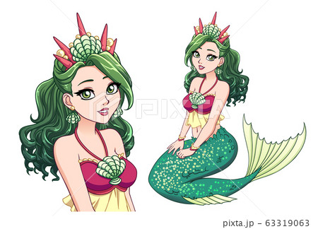 Pretty cartoon mermaid princess with curly green Pretty cartoon mermaid princess with curly green 63319063