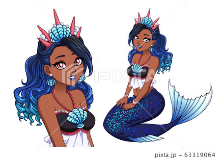 Pretty cartoon mermaid princess with curly blue 63319064