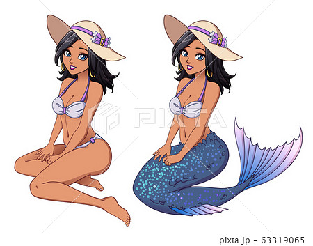 Pretty cartoon mermaid princess with dark skin, 63319065